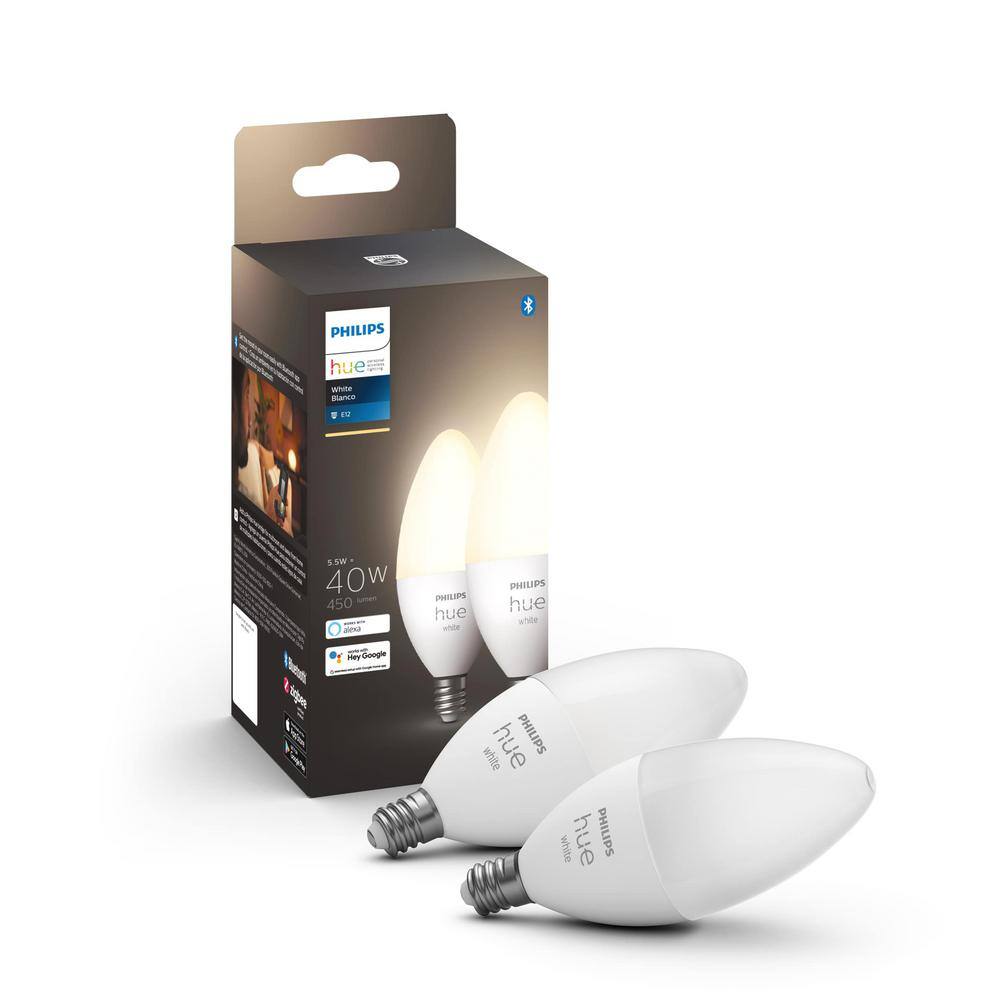 Philips Hue Soft White B11 LED 40W Equivalent Dimmable Smart Light Bulb with Bluetooth (2 Pack) 548289