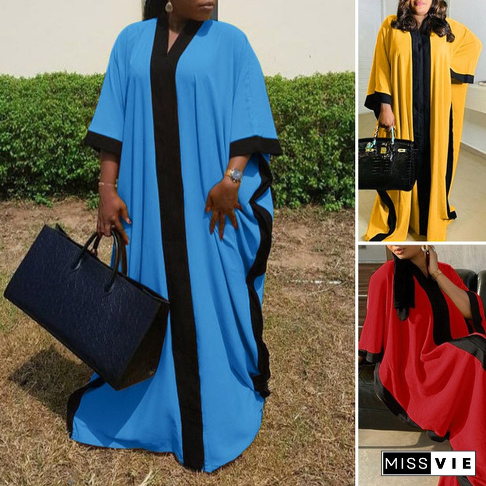 Women 3/4 Sleeve V Neck Casual Loose Solid Color Asymmetric Kaftan Dress Robes Longues Plus Size Maxi Dress