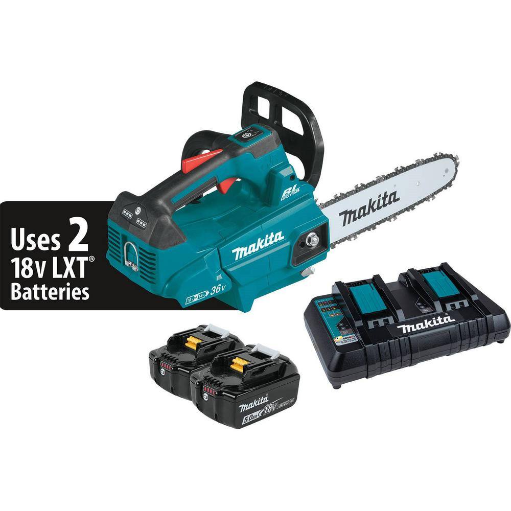 Makita LXT 14 in. 18V X2 (36V) Brushless Top Handle Electric Battery Chainsaw Kit (5.0Ah) with bonus 18V LXT 5.0 Ah (2-Pk) XCU08PT-BL18502