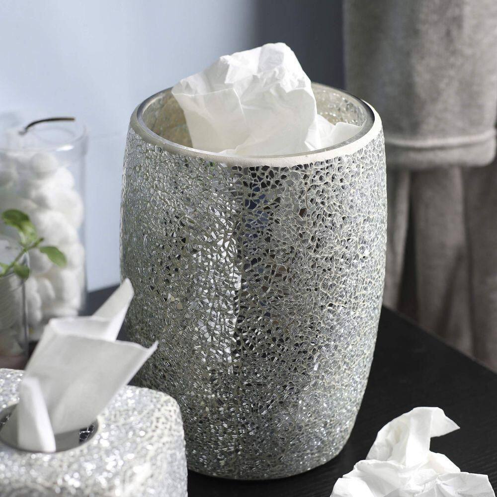 Dracelo Shiny Glass Bathroom Wastebasket in Silver B07K3XB325