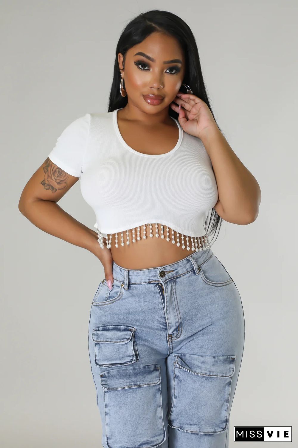 Knitting Short Sleeve Pearl fringe T-shirt Crop Tops