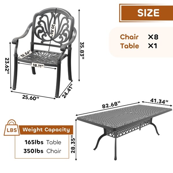 7/9Piece Cast Aluminum Outdoor Dining Set with 82.68'' L X 41.34'' W Rectangular Table and Random Color Seat Cushions