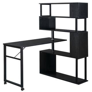 Polibi 47.20 in. Retangular Black Rotatable L-Shaped Corner Home Office Computer Desk with 5-Tier Bookshelf and Casters RS-472RRLCD-BK