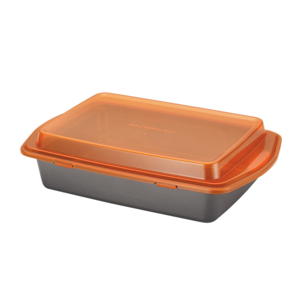 Rachael Ray Nonstick Bakeware 9 x 13 inch Grey with Orange Lid and Handles Covered Cake Pan