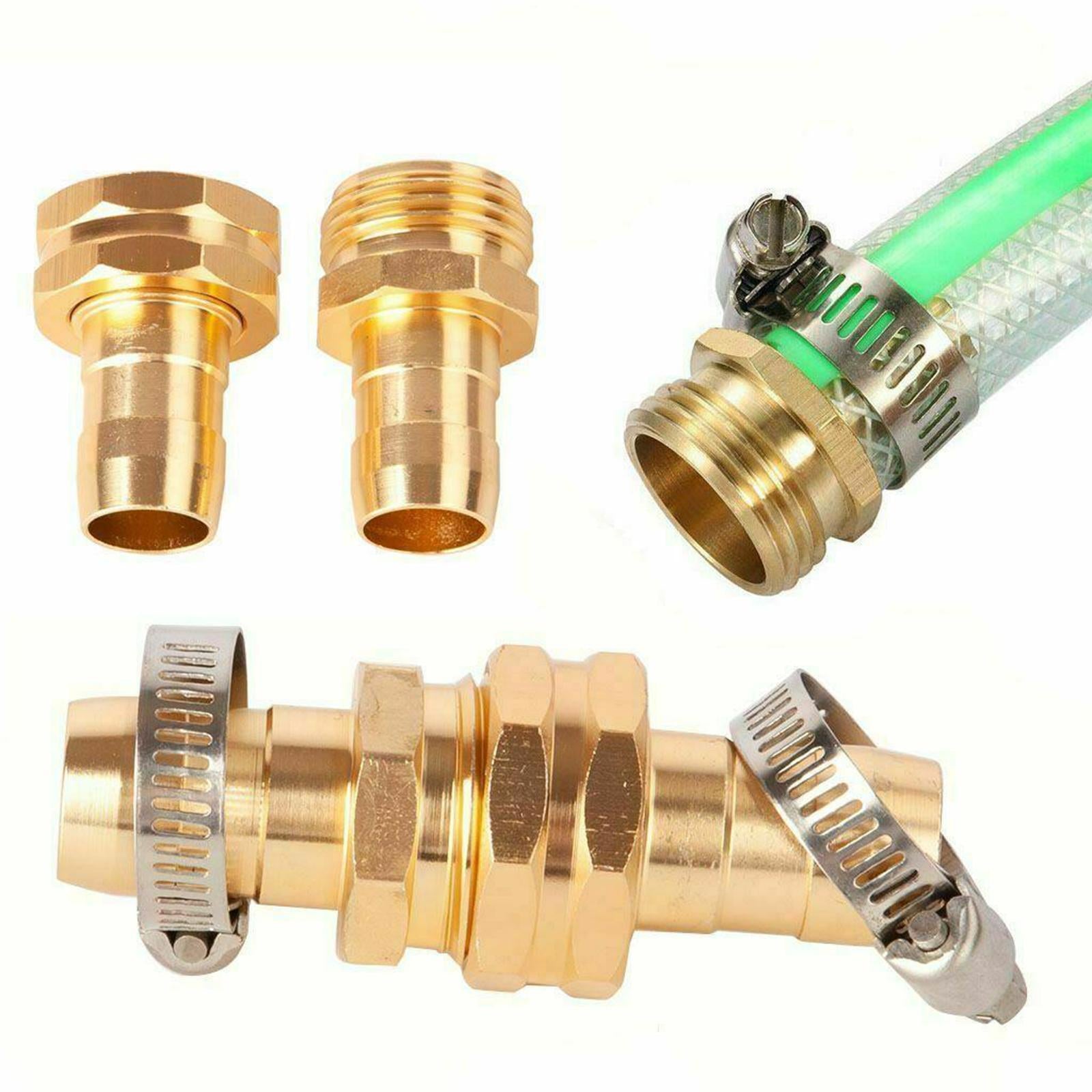 1 Pair 5/8 Inch Garden Brass Mender End Repair Kit Solid Brass Hose male and female Adapter Sprayers Nozzle with Stainless Steel Clamp Accessories