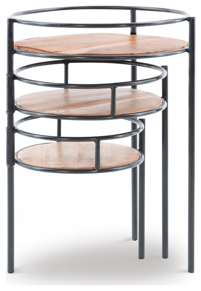 Transitional End Table  Unique Nesting Design With Round Acacia Wood Tops   Industrial   Coffee Table Sets   by Decor Love  Houzz