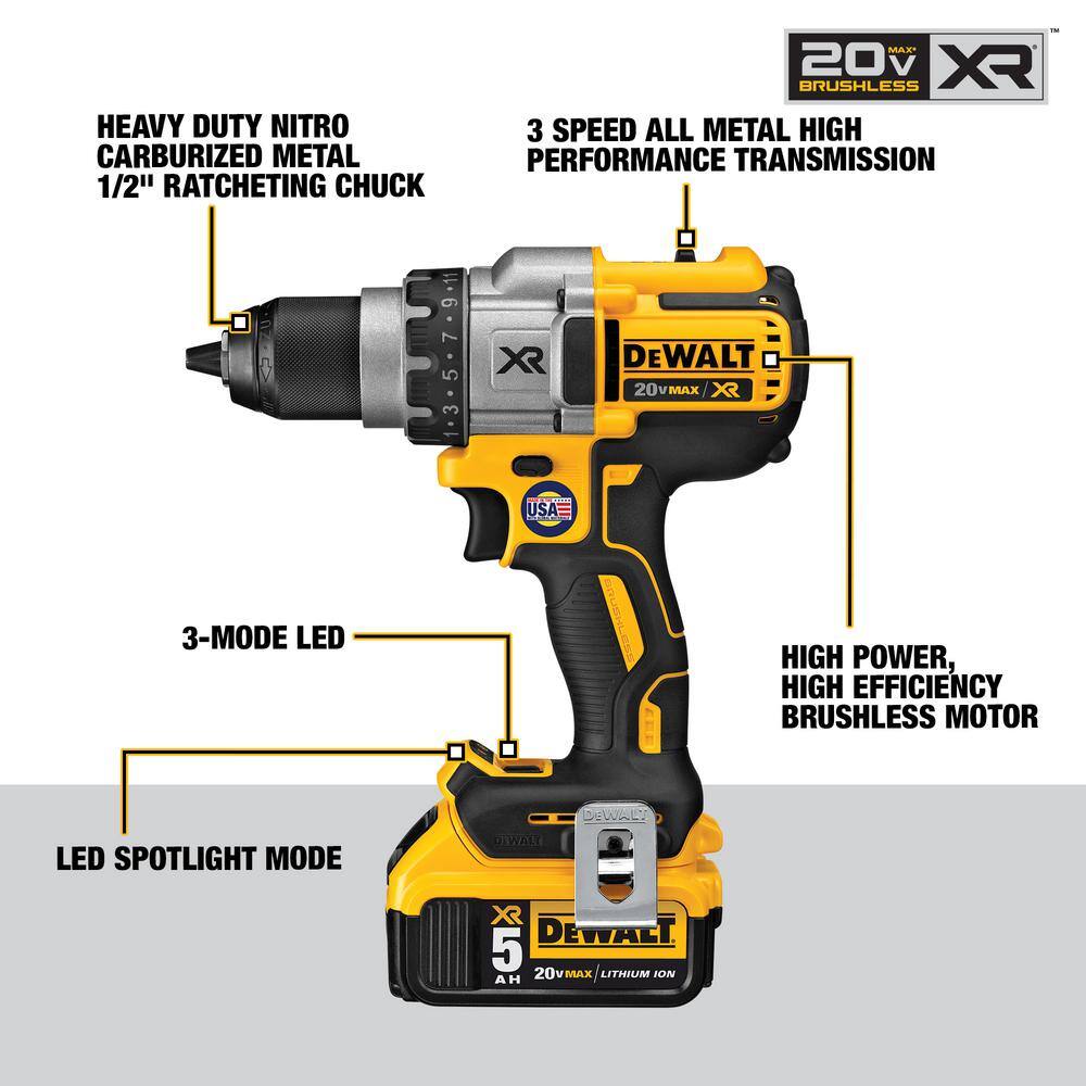 DW 20V MAX XR Cordless Brushless 3-Speed 12 in. DrillDriver with (2) 20V 5.0Ah Batteries and Charger DCD991P2