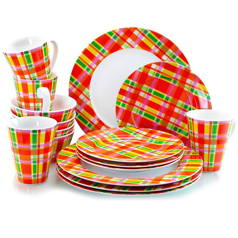 Oui by French Bull Multicolor Plaid 16 Piece Round Porcelain Dinnerware Set