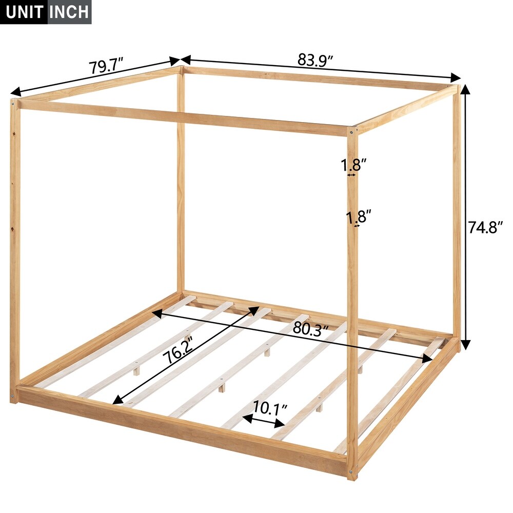 Natural King Size Wooden Canopy Bed w/ Support Legs Upholstered Platform Bed Frame No Box Spring Needed  Easy Assembly Floor Bed