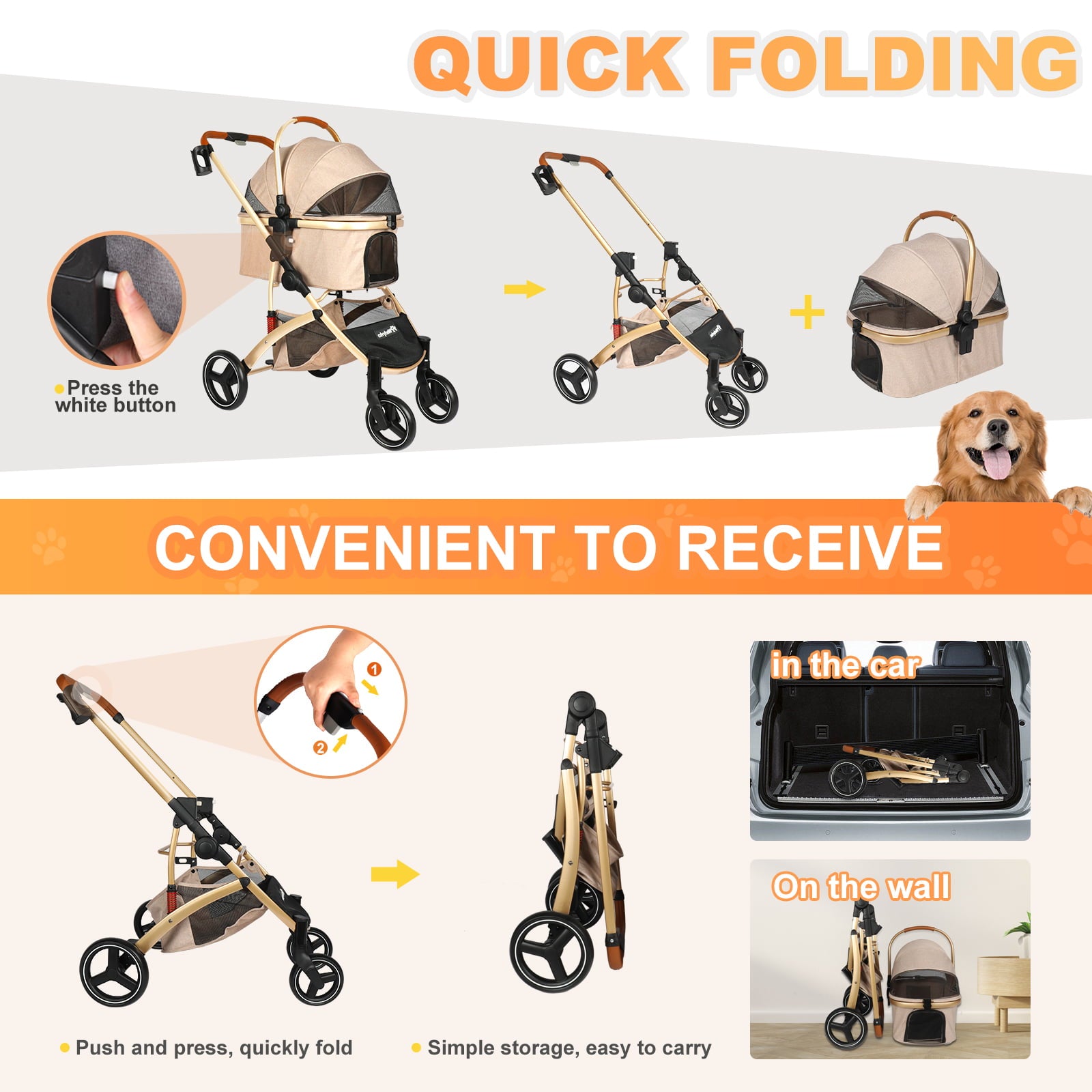 Wedyvko Dog stroller， Foldable Pet Travel System 3 in 1 Multifunction Pet Stroller， Sturdy Aluminum Alloy Frame Up to 55 lbs (Gold)