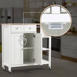 White Kitchen Island on Wheels Kitchen Cart with Cabinet 3-Layer Shelves Wood Countertop Mobile Storage Islands 1009-ISLAND-WHI