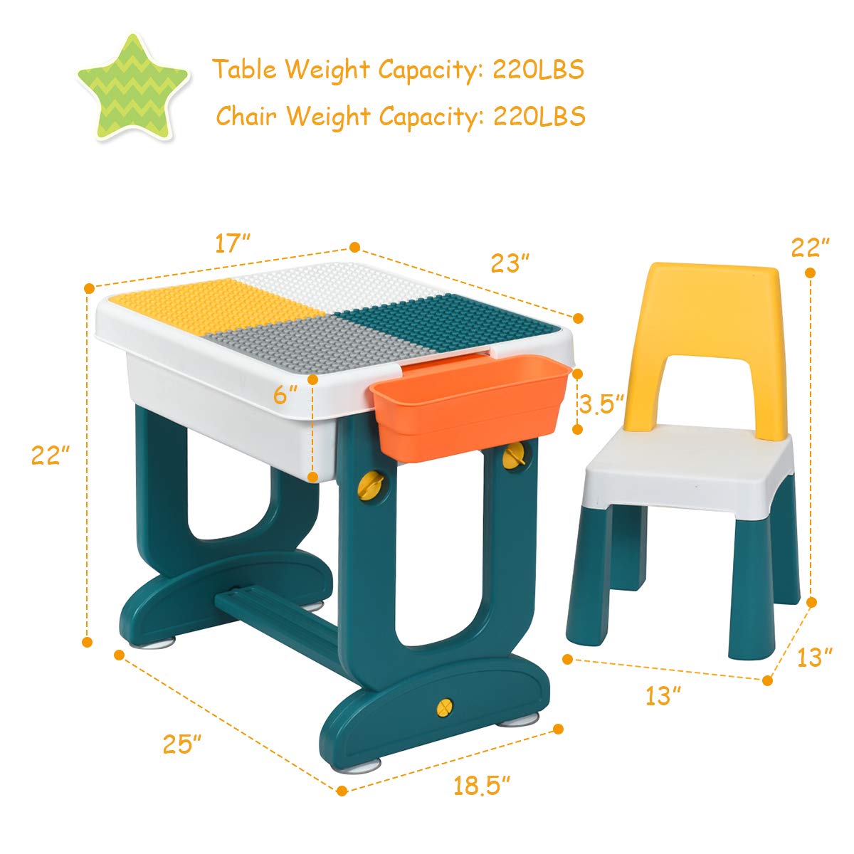 Costzon 5 in 1 Kids Multi Activity Table and Chair Set, Building Block Table w/Double-Sided Board