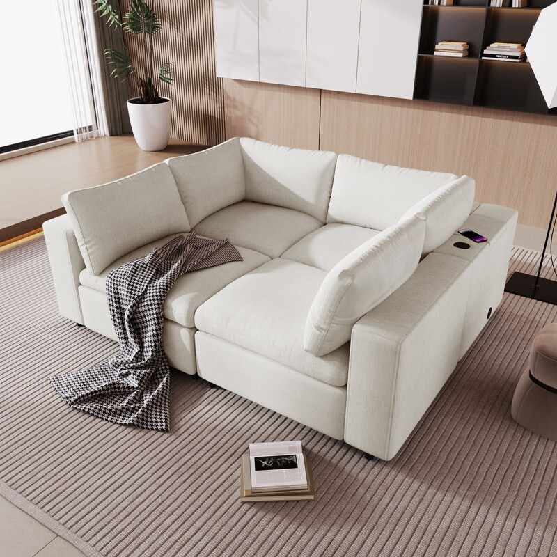 Upholstered Sectional Sofa Modular 4 Seater w/USB Charge Ports   Built in Bluetooth Speaker in Arm