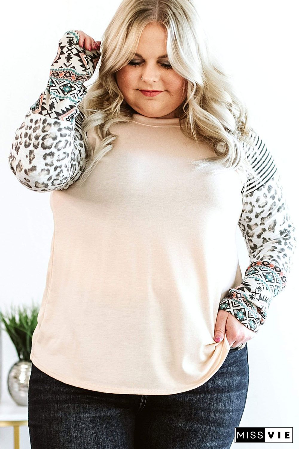 Apricot Plus Size Contrast Long Sleeve Top