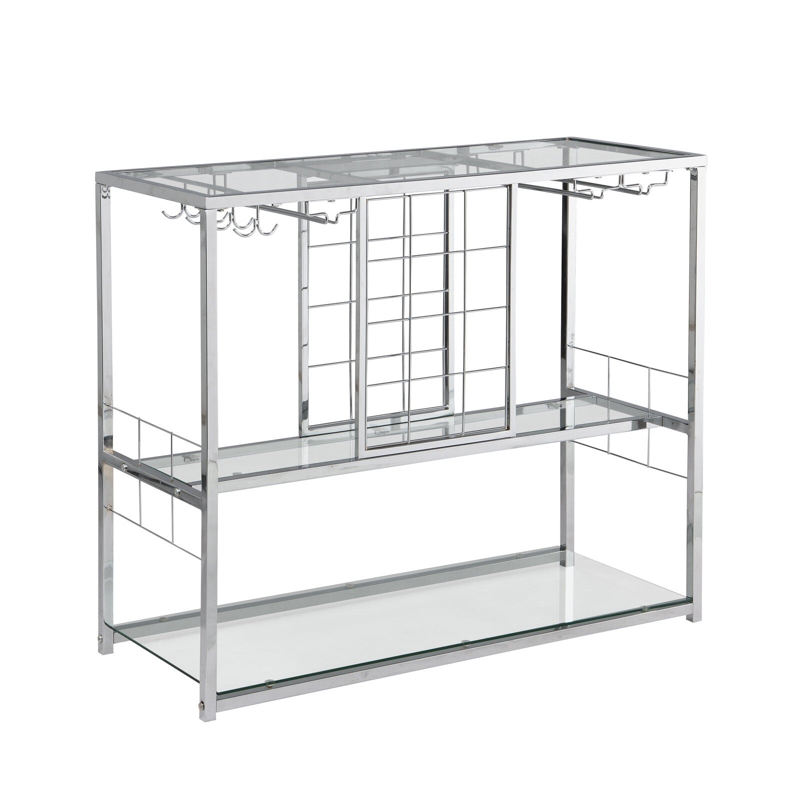 OVERDRIVE Bar Cart Kitchen Serving Cart with Glass Holder and Wine Rack， 3-Tier Kitchen Trolley with Tempered Glass Shelves Chrome