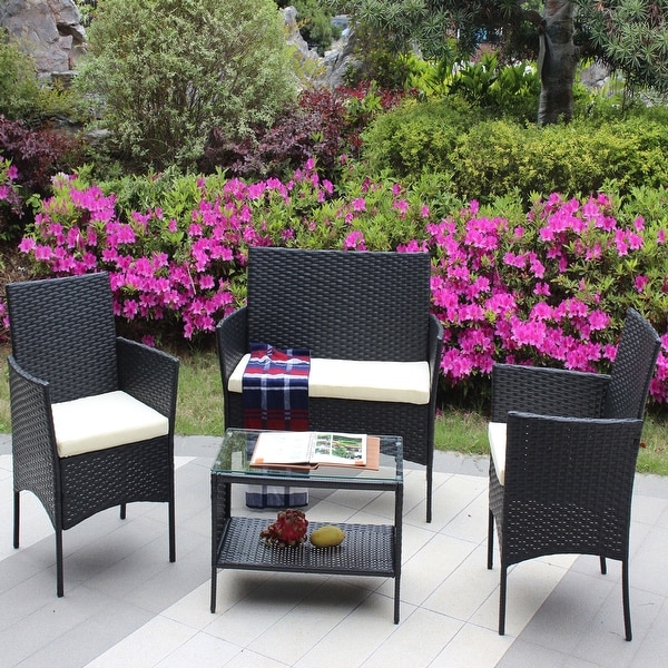 4Piece Wicker Patio Conversation Set with White Cushion