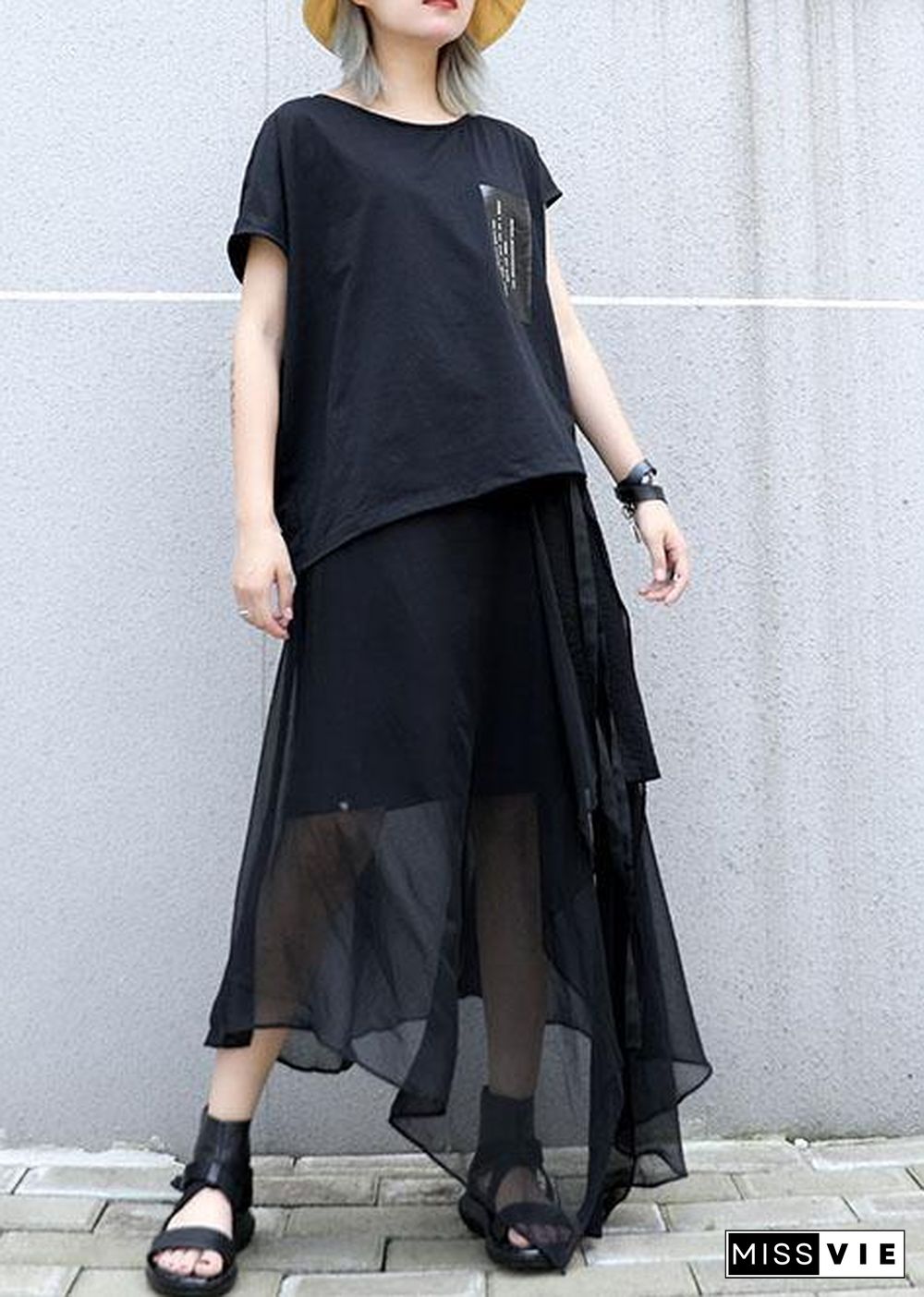 Classy black cotton clothes asymmetric short sleeve tunic summer blouses