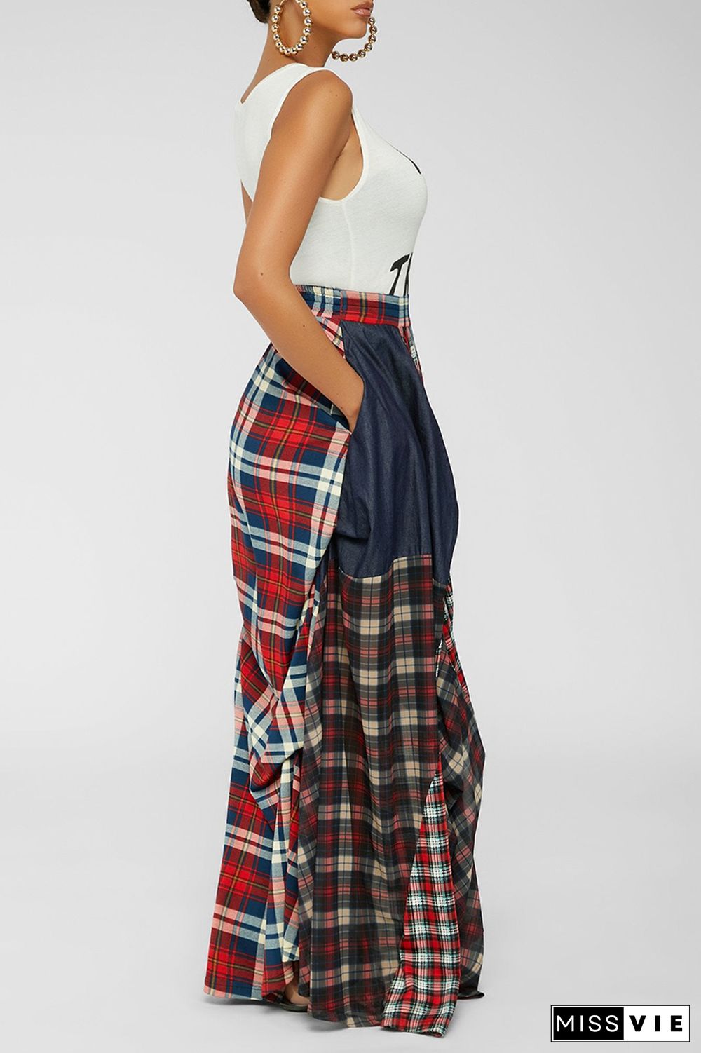 Plaid Patchwork Ruched Pocket Casual Maxi Skirt [Pre Order]