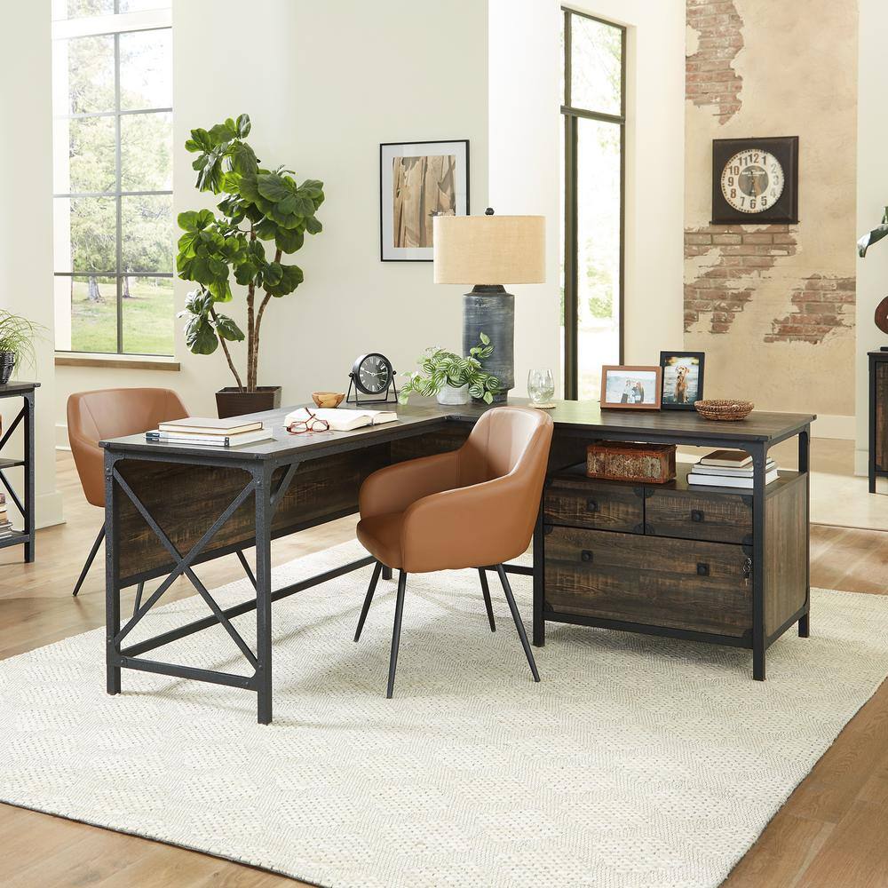 SAUDER Steel River 66.063 in. Engineered Wood 3-Drawer L-Shaped Carbon Oak Computer Desk with Metal Frame 427855