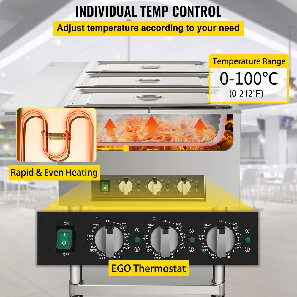 VEVOR 58 qt. Commercial Electric Food Warmer 3-Pot Steam Table Food Warmer 0-100℃ with ETL Certification for Catering WZB1500W3110VB2OLV1