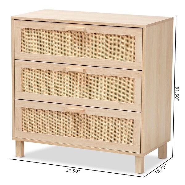 Sebille Mid-Century Modern Light Brown Finished Wood 3-Drawer Storage Cabinet with Natural Rattan - - 35527688