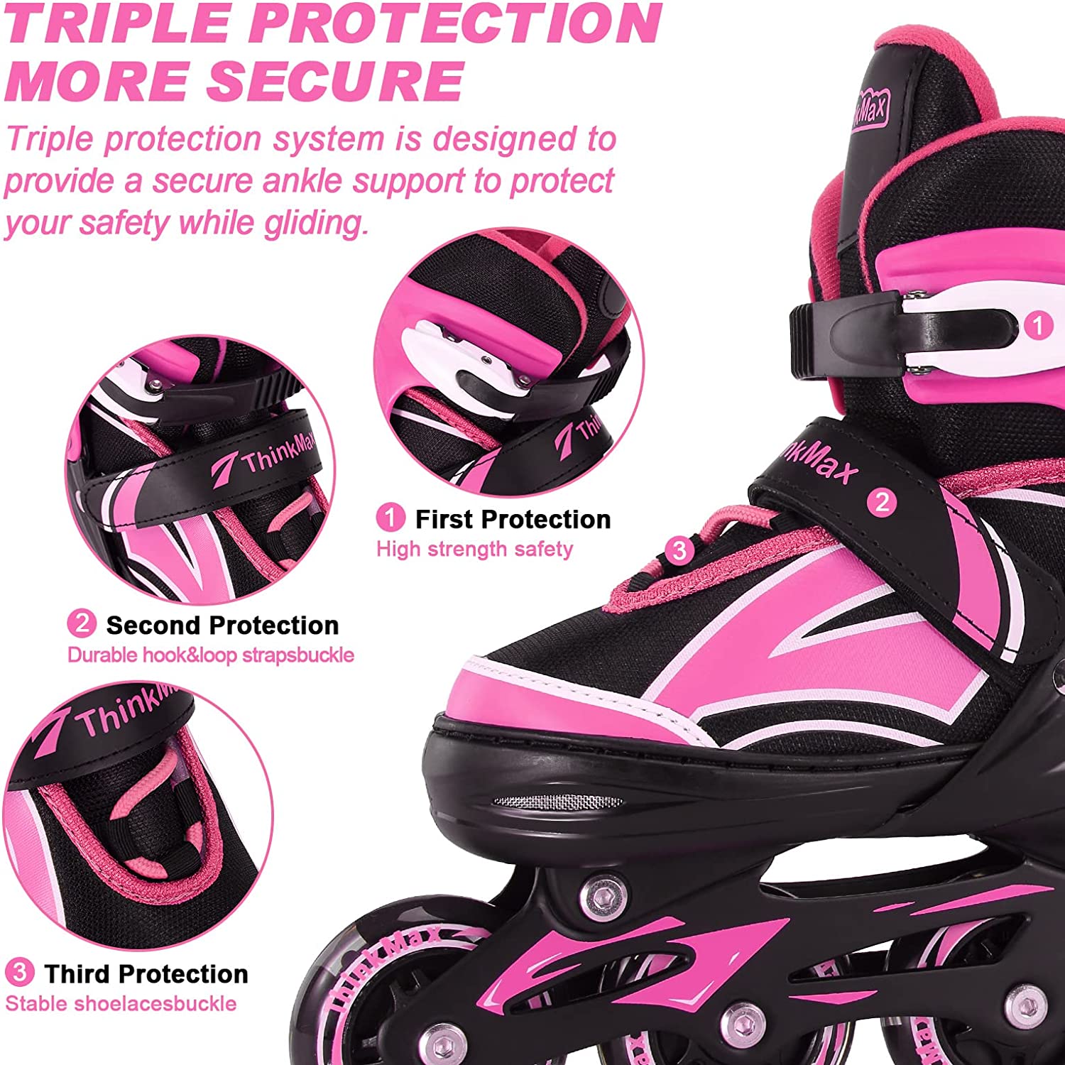 Inline Skates for Kids Girls Boys with Full Light Up Wheels， Adjustable Roller Blades for Youth Beginner Adults Indoor Outdoor (Pink Small)