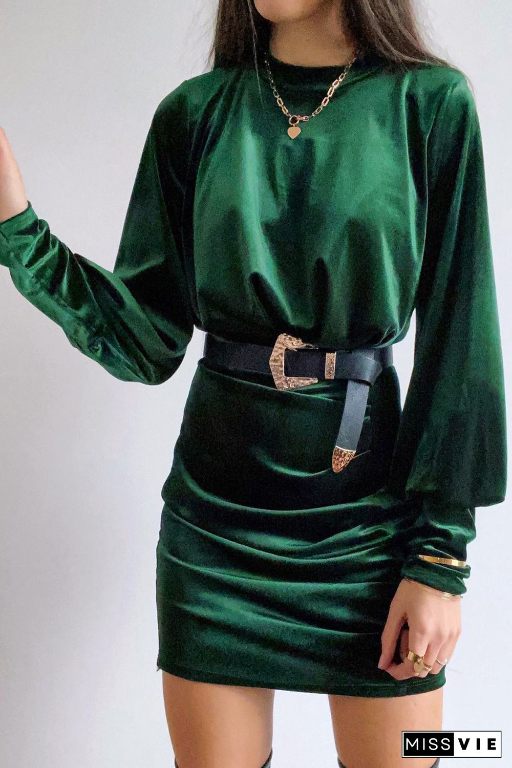 Green Mock Neck Long Sleeve Ruched Velvet Mini Dress with Hollow-out Back