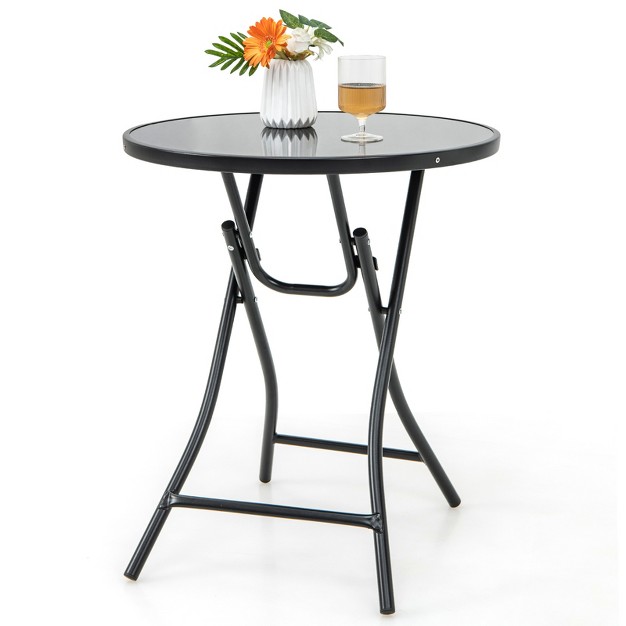 Tangkula 23 Inch Round Bistro Table Patio Folding Cocktail Table W Tempered Glass Tabletop Heavy duty Metal Frame