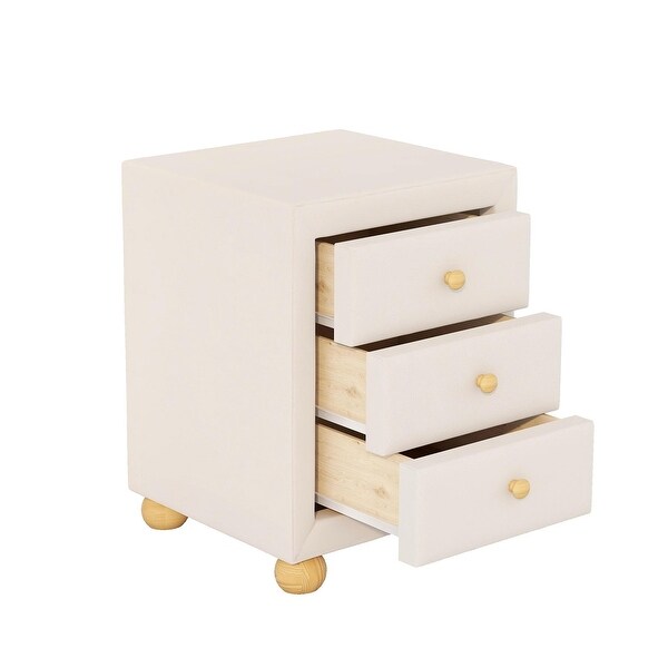 Upholstered Storage Nightstand with 3 Drawers and Natural Wood Knobs - - 36389189