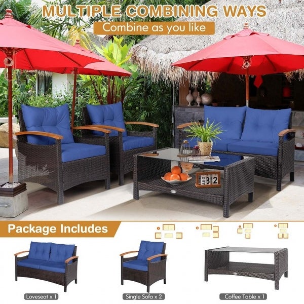 4 Pieces Patio Rattan Furniture Set with Cushioned Sofa and Storage Table - 46.5