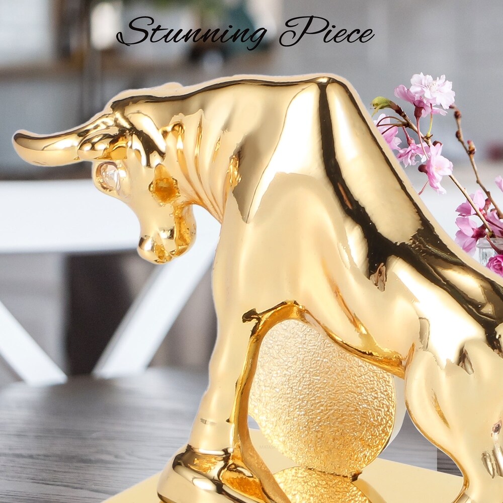 Matashi 24K Gold Plated Crystal Studded Ox/Bull Figurine with Coin Ornament Collectible Gift  Ox Wealth Statue  Bull Statue