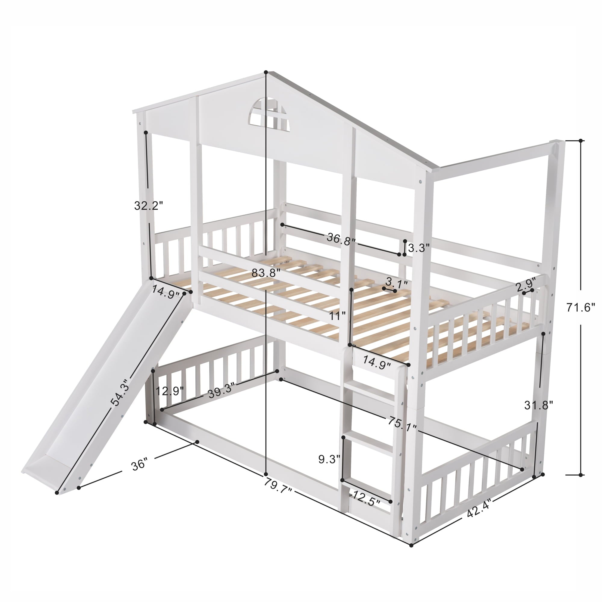 Twin House Bunk Bed with Convertible Slide and Ladder for Kids Room, White