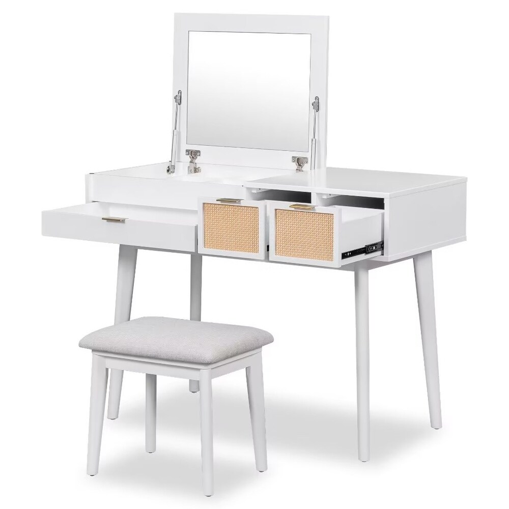 Makeup Vanity Set with Flip top Mirror and Stool  Wood Dressing Table