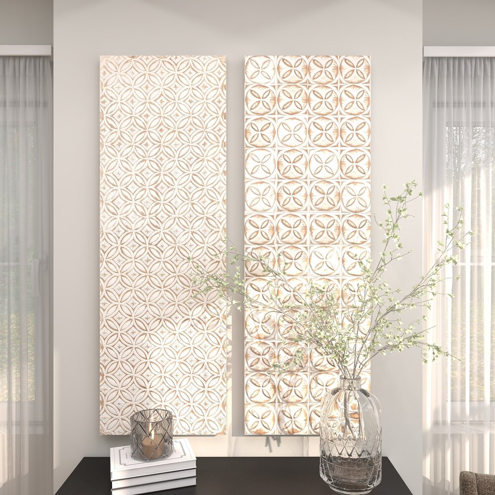 White Wooden Intricately Carved Geometric Wall Decor (Set of 2)