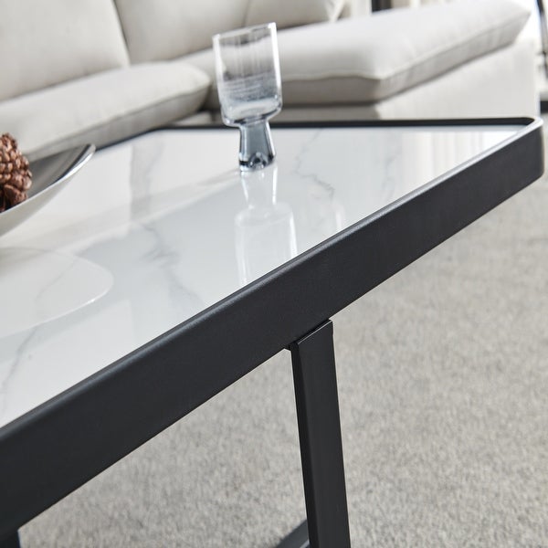 Minimalism Square Coffee Table with Sintered Stone Tabletop， Sofa Table with Black Metal Frame for Living Room， Office