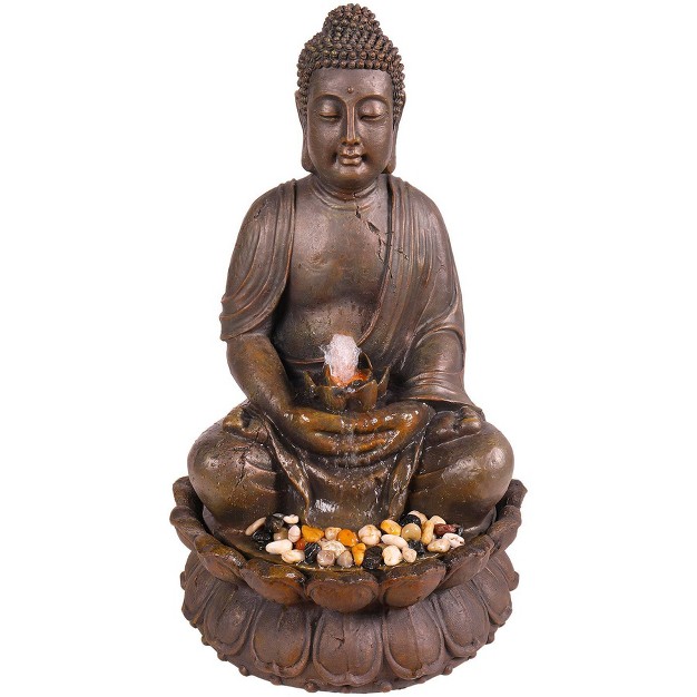 Led Lit Resin Buddha Sculptural Fountain Light Brown