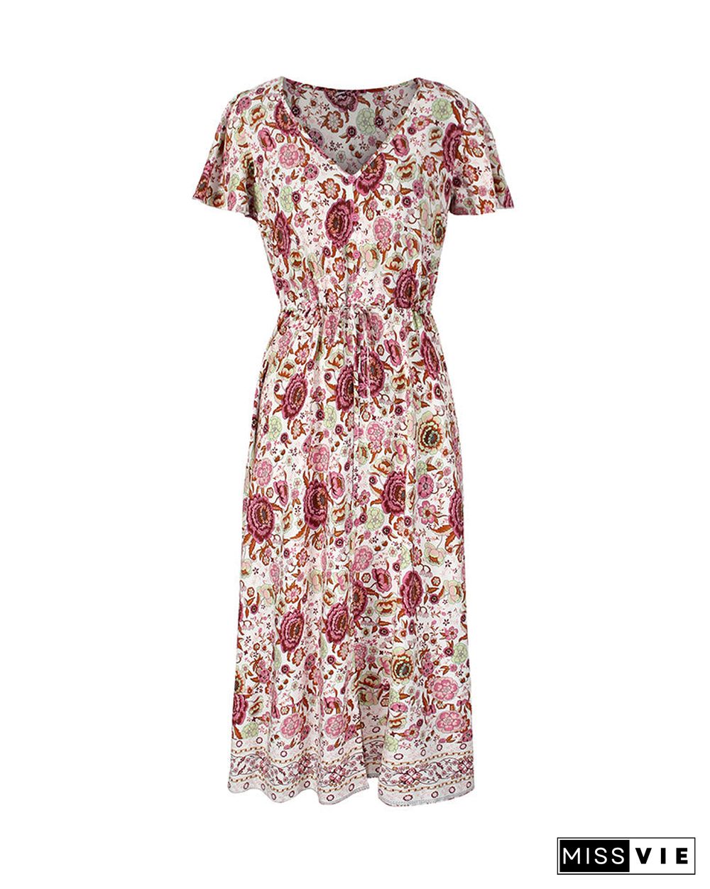 Side Split V Neck Floral Short Sleeve Maxi Dress