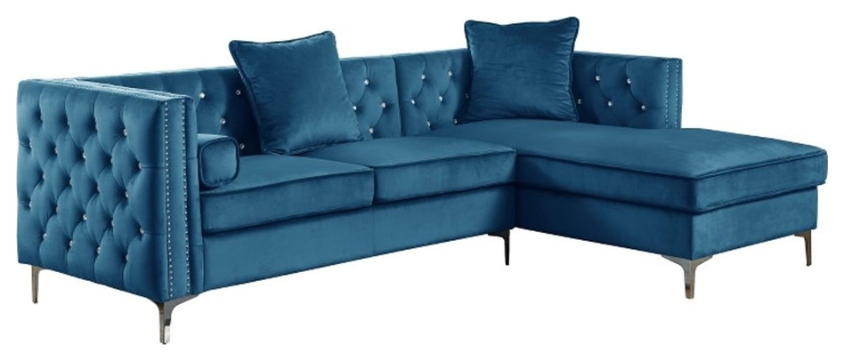 Teal Blue Velvet Upholstered Sectional with Storage and Faux Crystal Tufts   Midcentury   Sectional Sofas   by Homesquare  Houzz