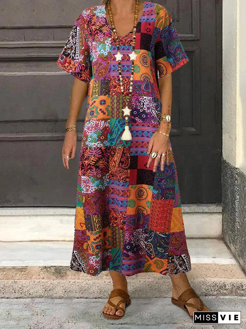 Ethnic Style Plus size Loose V-neck Printed Maxi dress