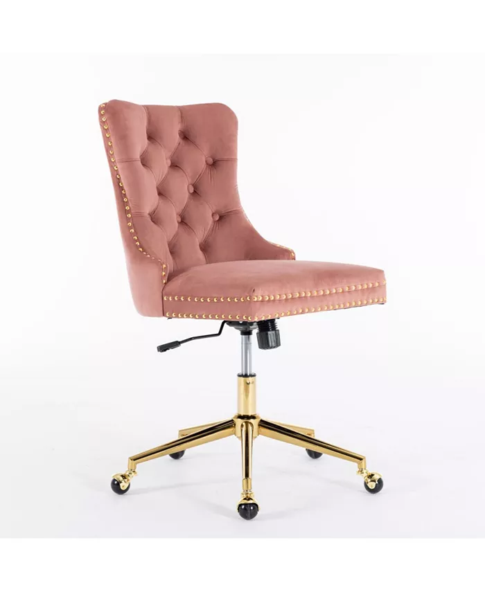 Simplie Fun Office ChairVelvet Upholstered Tufted Button Home Office Chair with Golden Metal BaseAdjustable Desk Chair Swivel Office Chair (Pink)