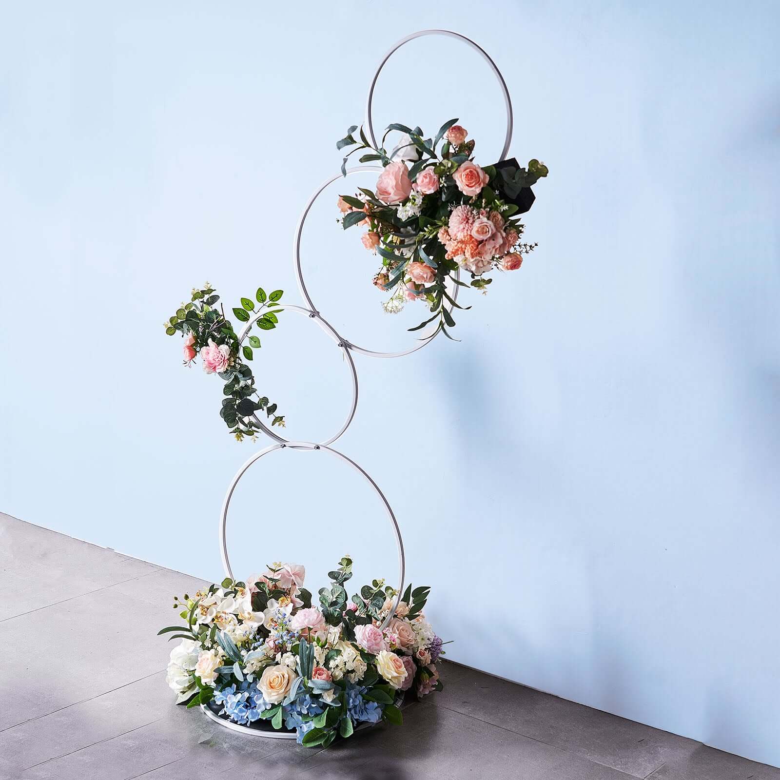 4-Tiered White Hoop Pillar Flower Stand, Metal Wedding Arch Table Centerpiece - Hoop Wreath 5ft