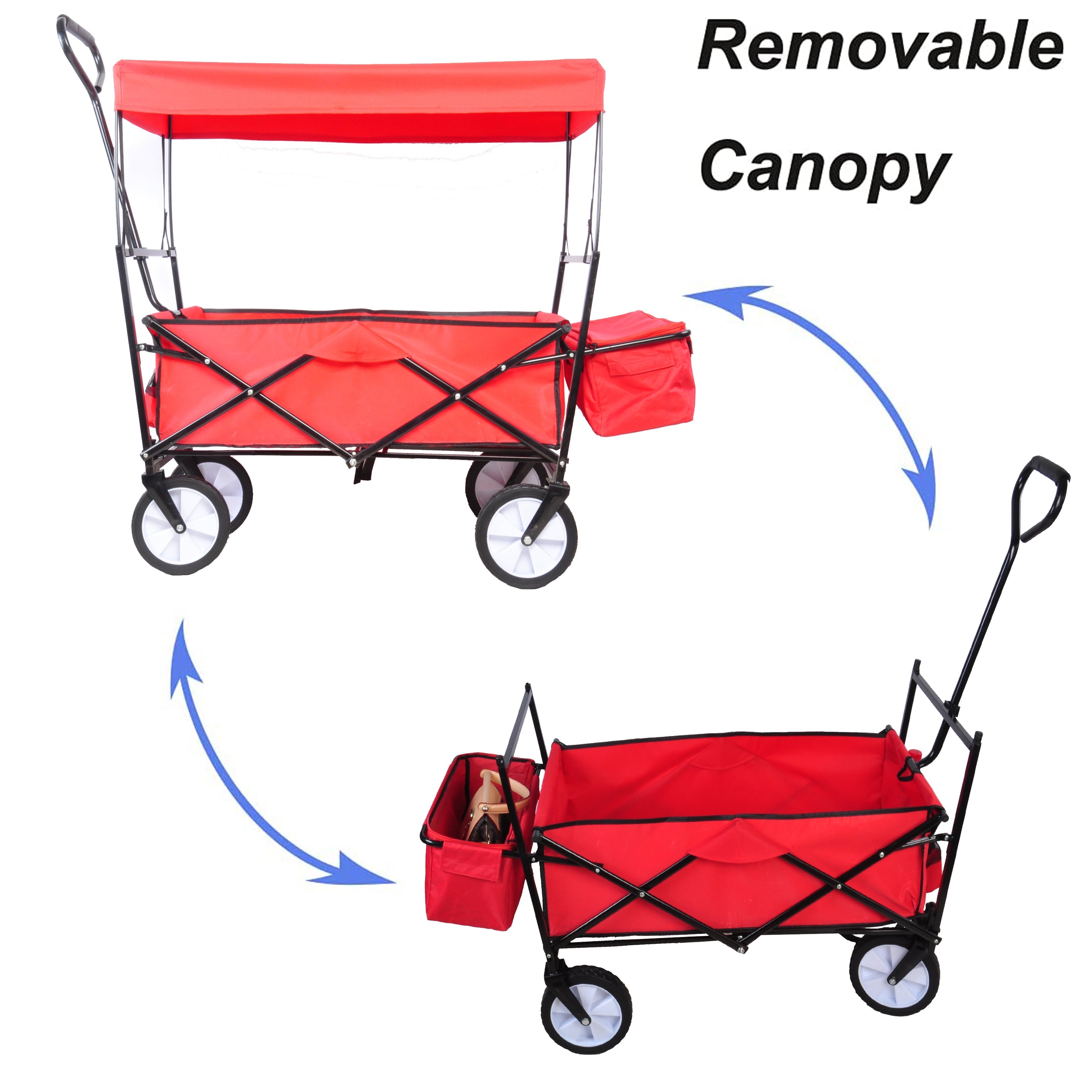 TOPCHANCES Collapsible Wagon Camping Garden Cart with Removable Canopy, Folding Wagon with Adjustable Push Handles for Shopping, Picnic, Beach, Camping, Sports (Red)