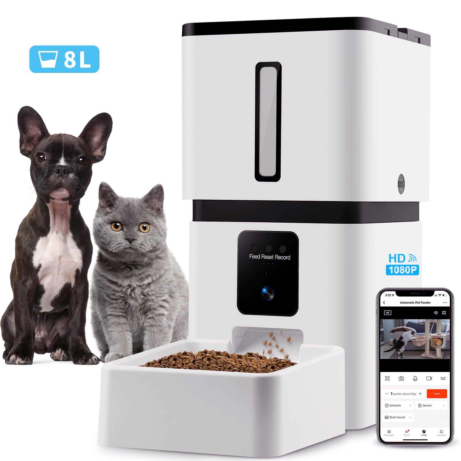 Tovendor Automatic Pet Feeder with 1080P Camera， 8L Large Food Dispenser for pet and dog， 5G WiFi Connect 2-Way Audio APP Control Pet Timer Feeder