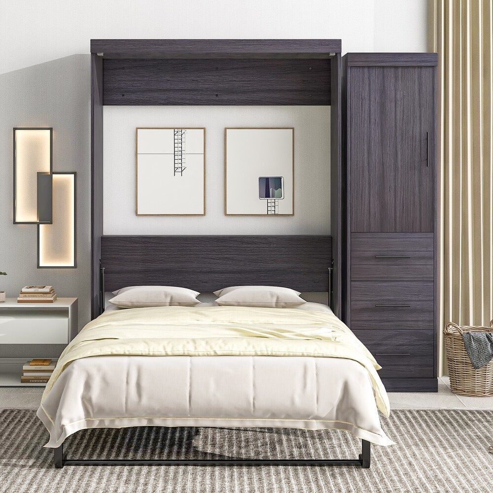 Murphy Bed with Wardrobe and 3 Storage Drawers  Pine Wood Multifunctional Storage Wall Bed  Can be Folded into A Cabinet