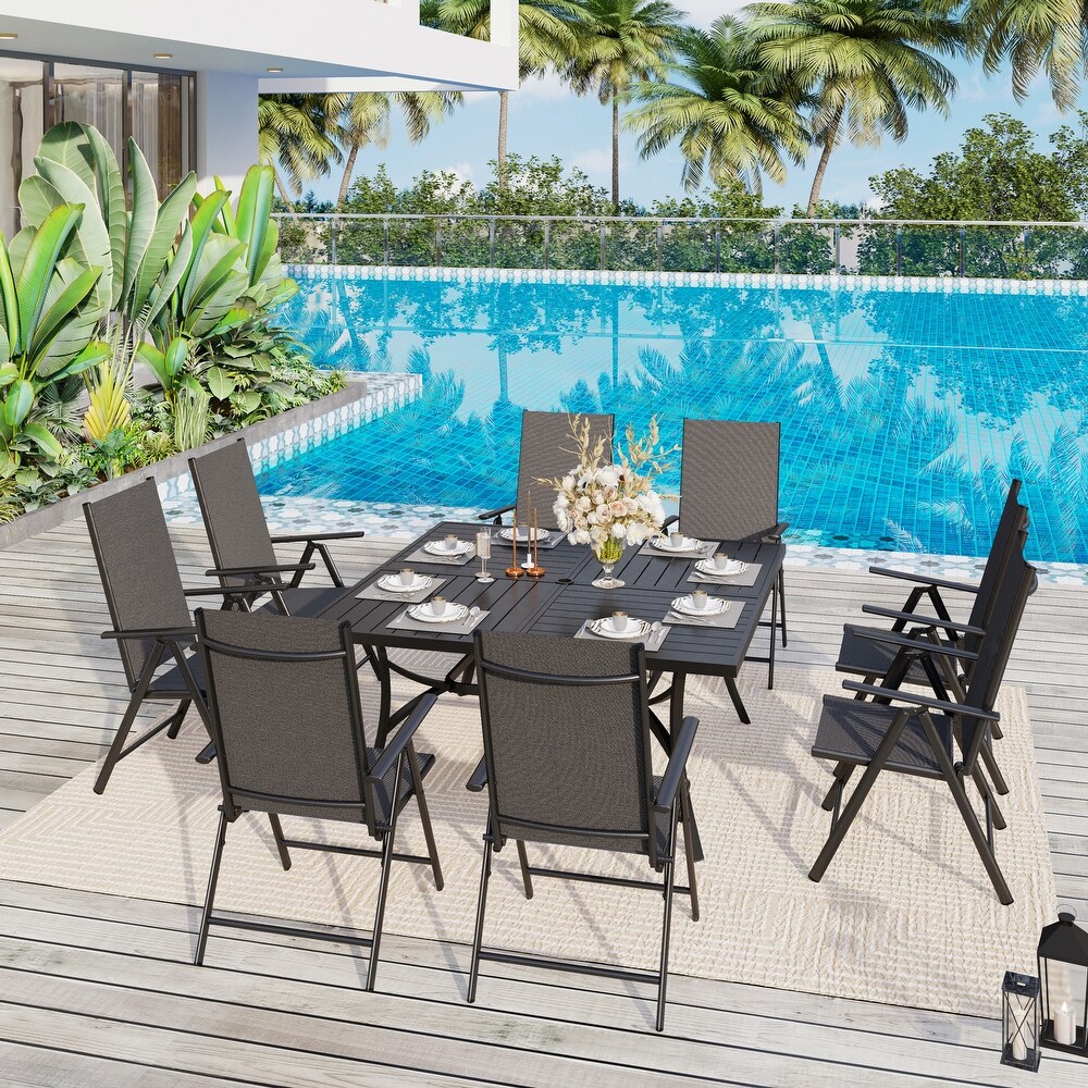 9 Pieces Patio Dining Set  60 Inch Square Metal Table and Sling Dining Chairs Seats Up to 8