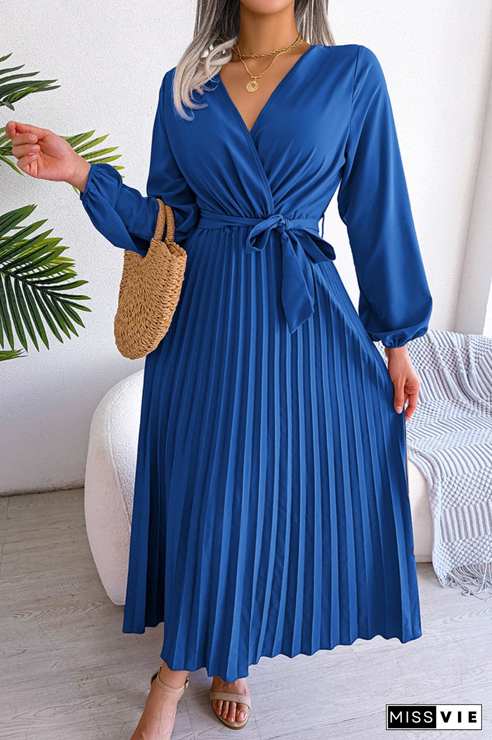 Plain Wrap V Neck Pleated Maxi Dress