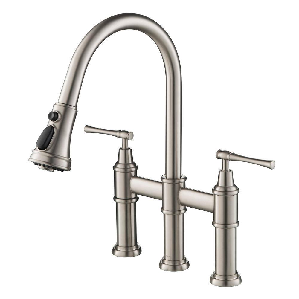 KRAUS Allyn Double Handle Transitional Bridge Kitchen Faucet with Pull-Down Sprayhead in Spot Free Stainless Steel KPF-3121SFS