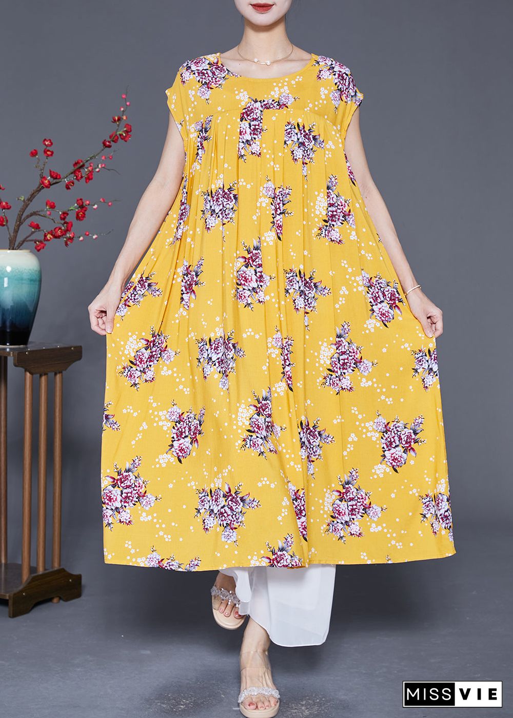 Beautiful Yellow Oversized Print Cotton Party Dress Summer