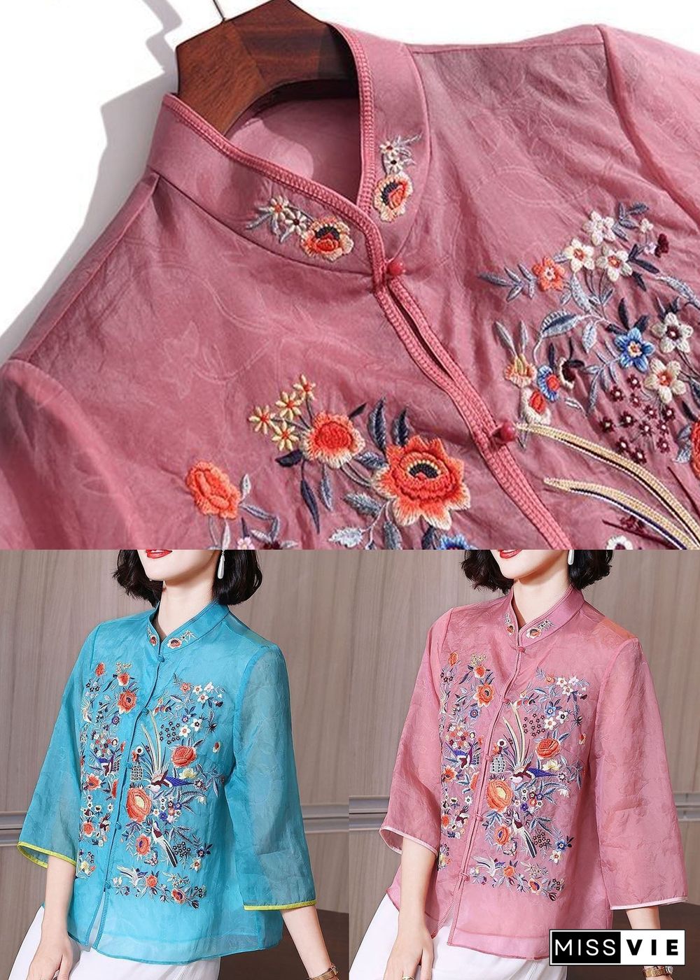 Chinese Style Blue Embroideried Patchwork Chiffon Blouse Tops Summer