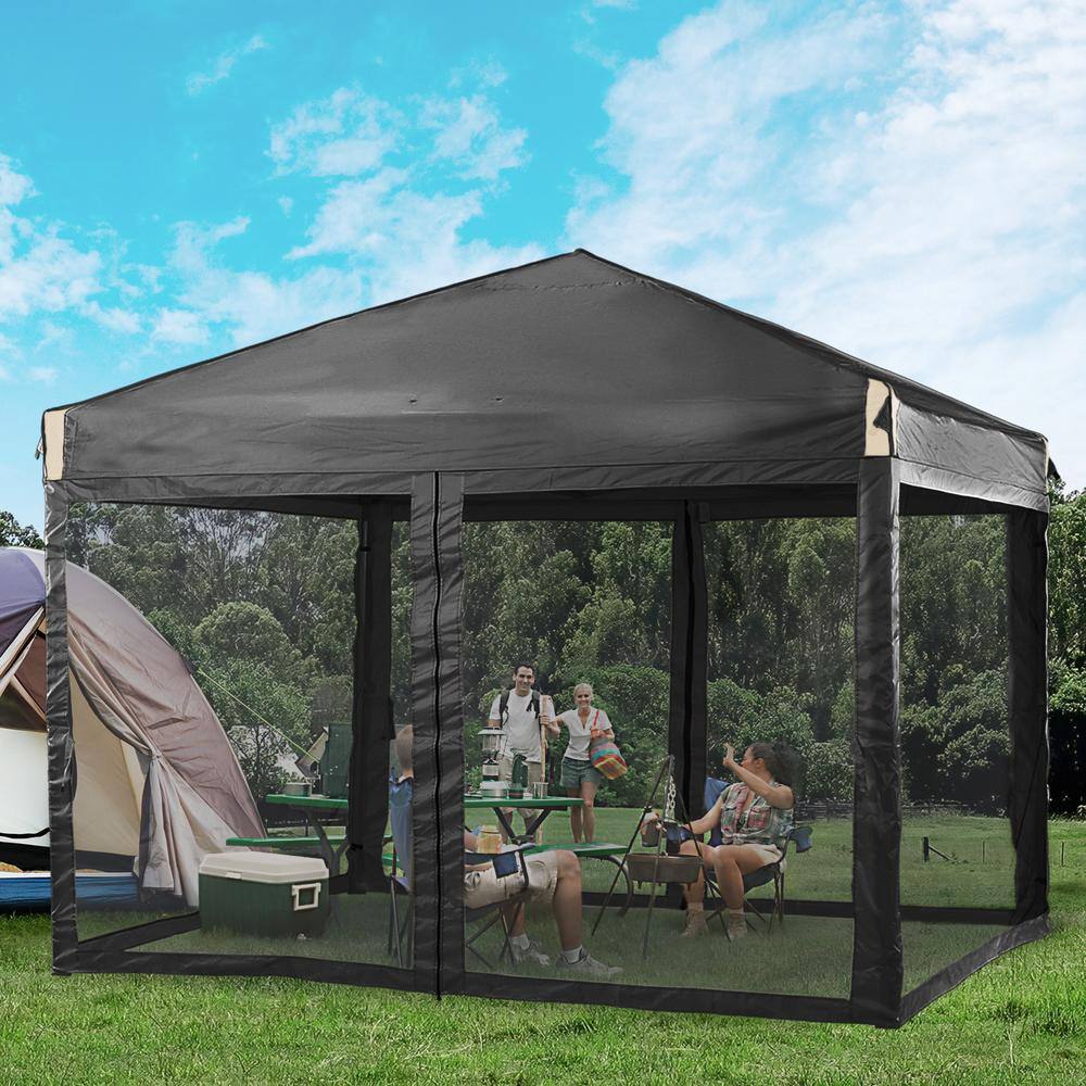 Aoodor 10 ft. x 10 ft. Pop Up Canopy Tent with Removable Mesh Sidewallwith Roller Bag-Black 800-152-BK-N